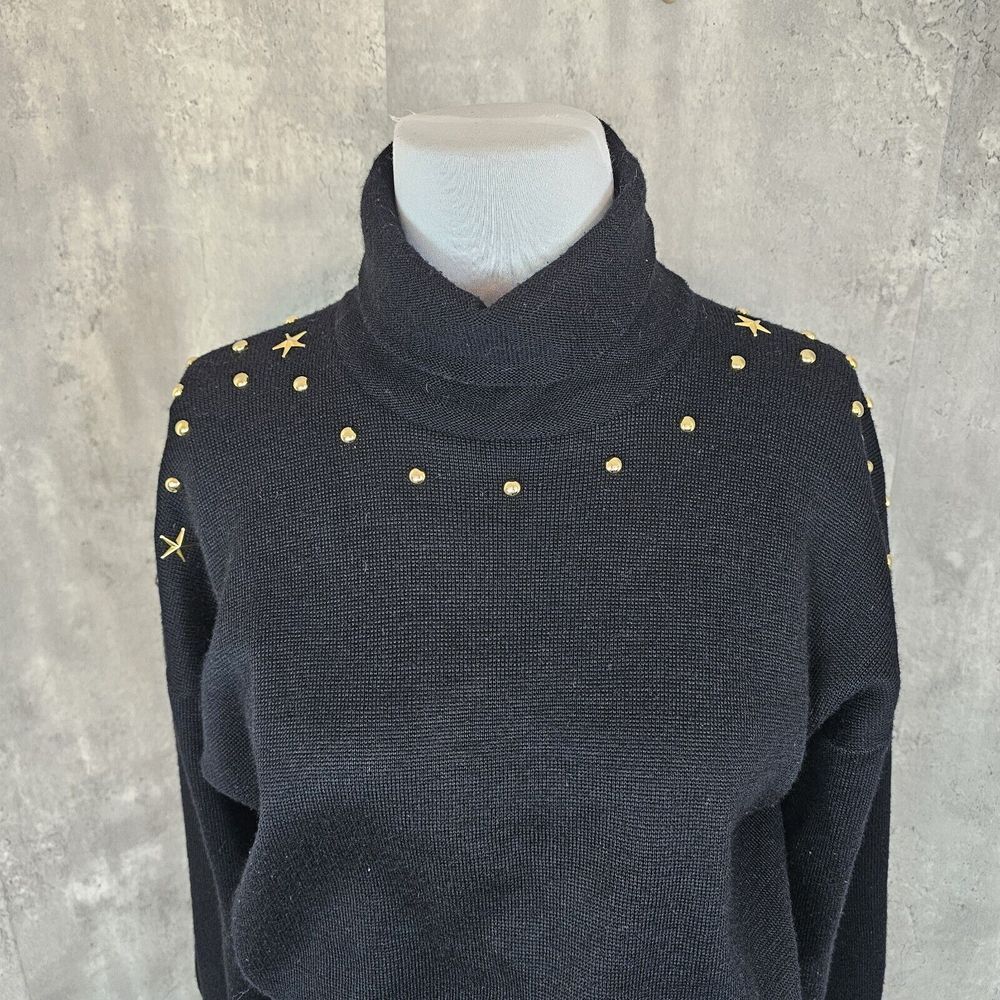 Vintage 80s Meister Womens M Black Knit Turtleneck Sweater Brass Studded Detail - Picture 2 of 8